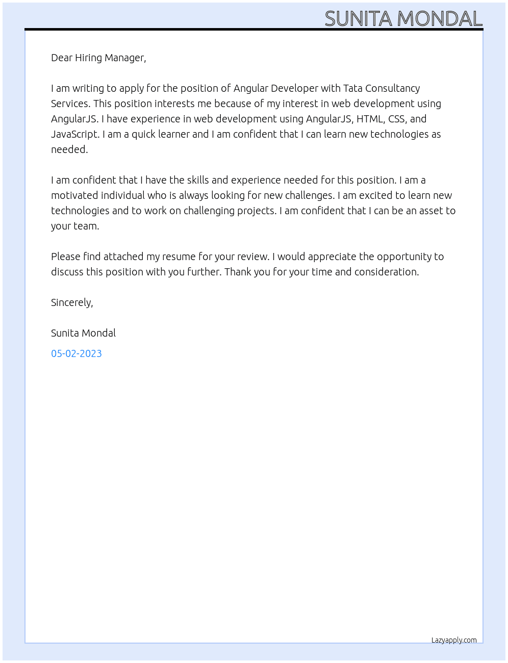 Angular Developer At Tata Consultancy Services Cover Letter