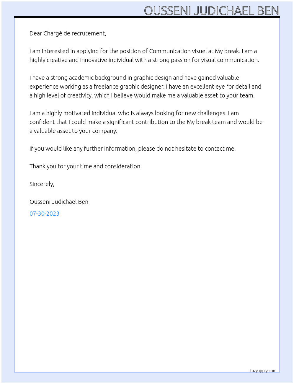 Communication visuel At My break Cover Letter