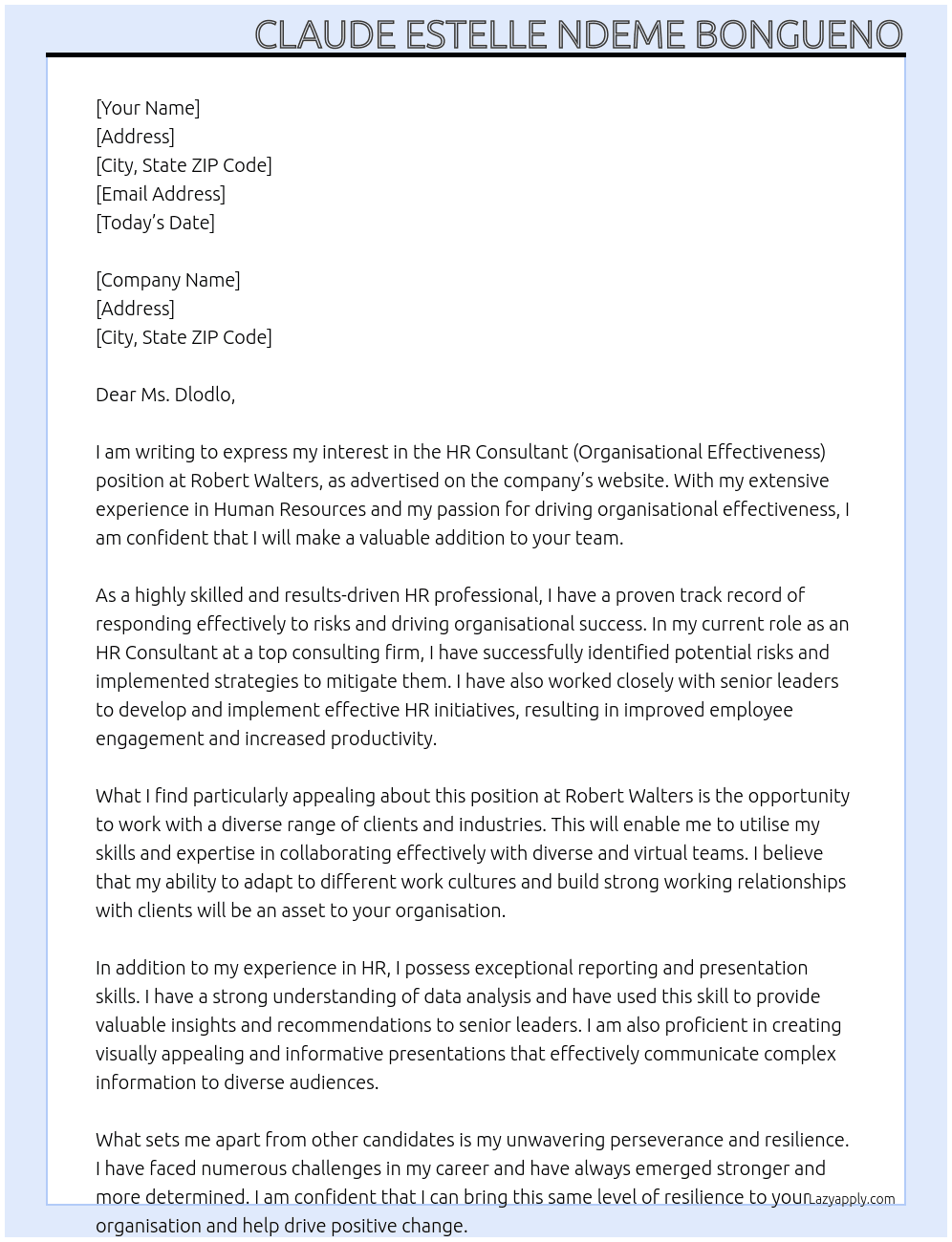 HR Consultant (Organisational Effectiveness) At ROBERT WALTERS Cover Letter