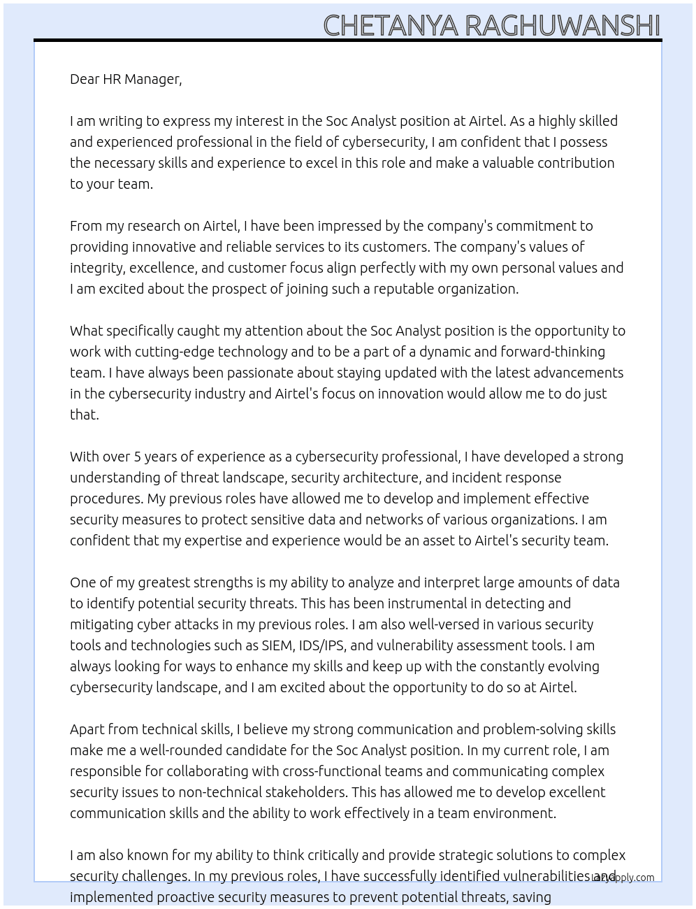 soc analyst At airtel Cover Letter