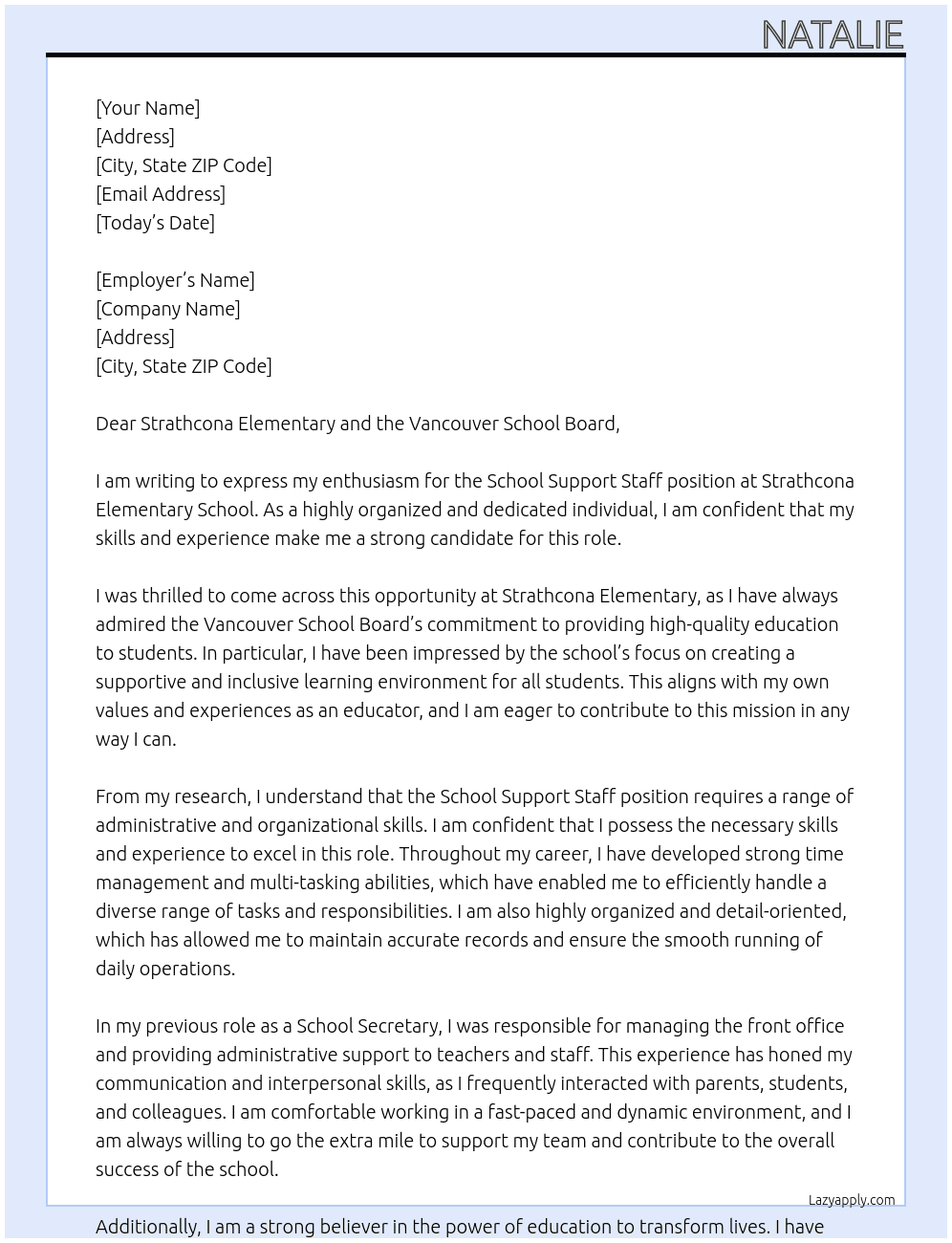 School Support Staff At Vancouver School Board Cover Letter