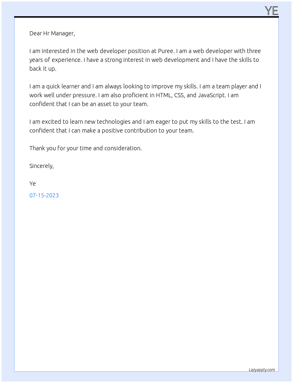 Web Developer At puree Cover Letter