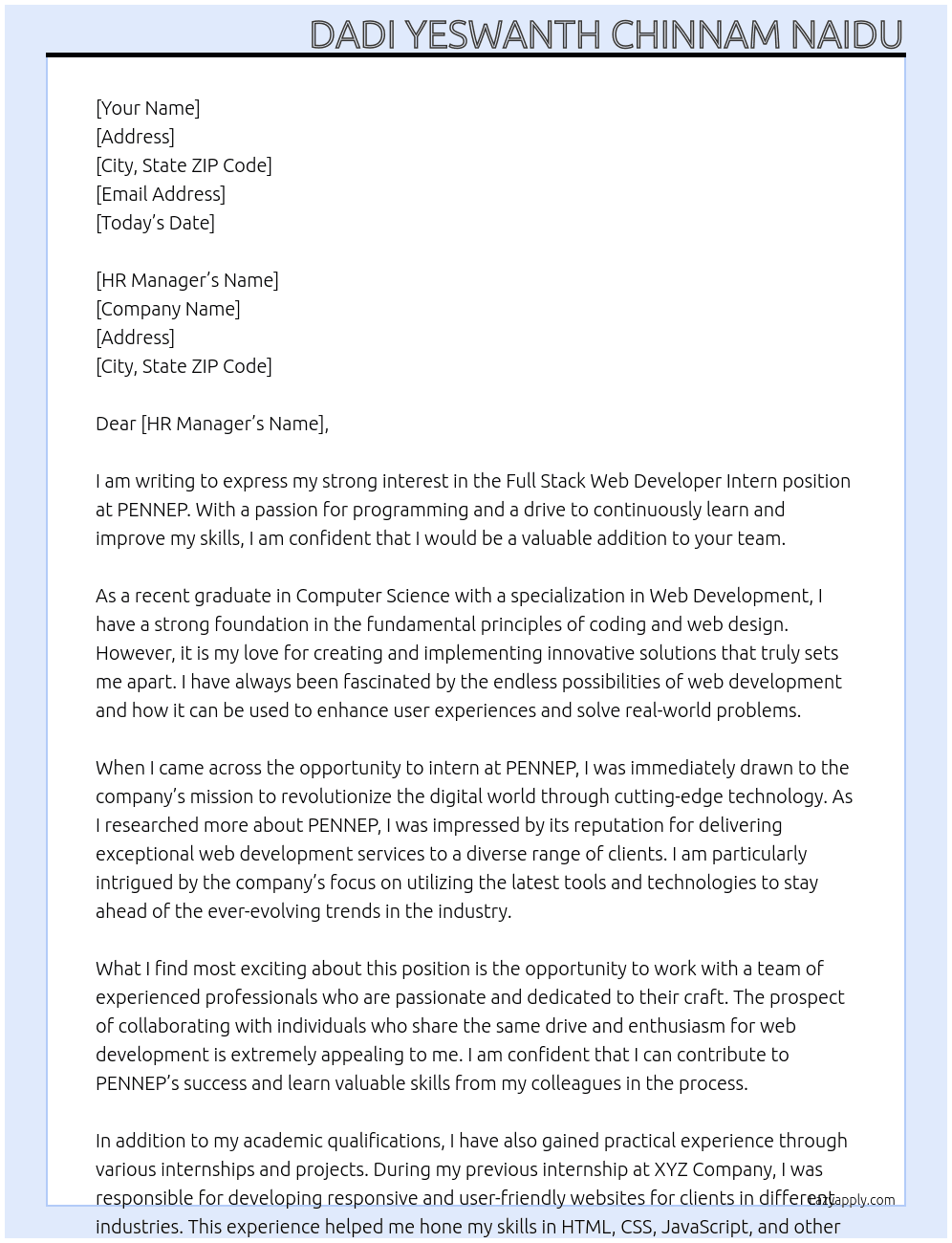 full stack web developer intern At PENNEP  Cover Letter