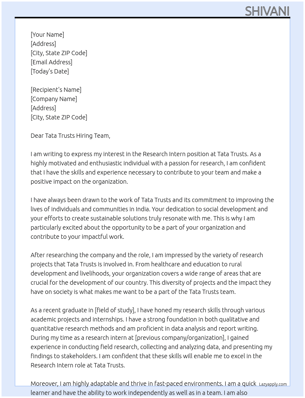 research intern At Tata Trusts Cover Letter