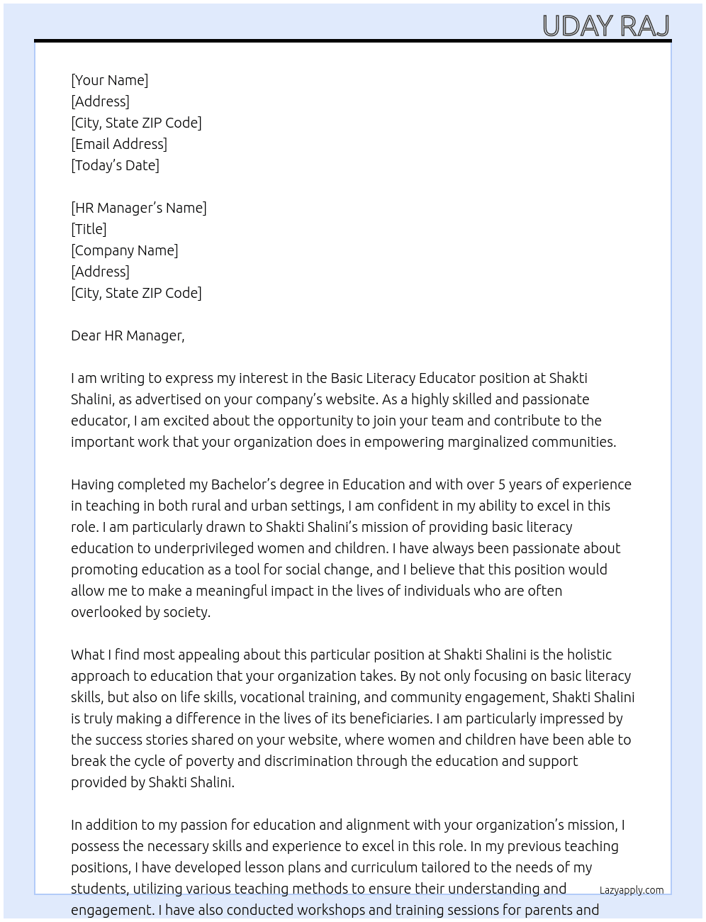 Basic Literacy Educator At Shakti Shalini Cover Letter