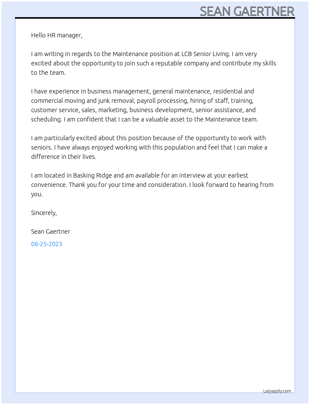 Maintenance  At LCB Senior Living Cover Letter