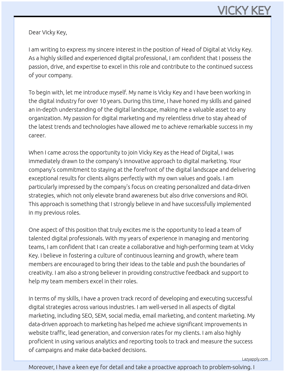Head of Digital At Vicky Key Cover Letter