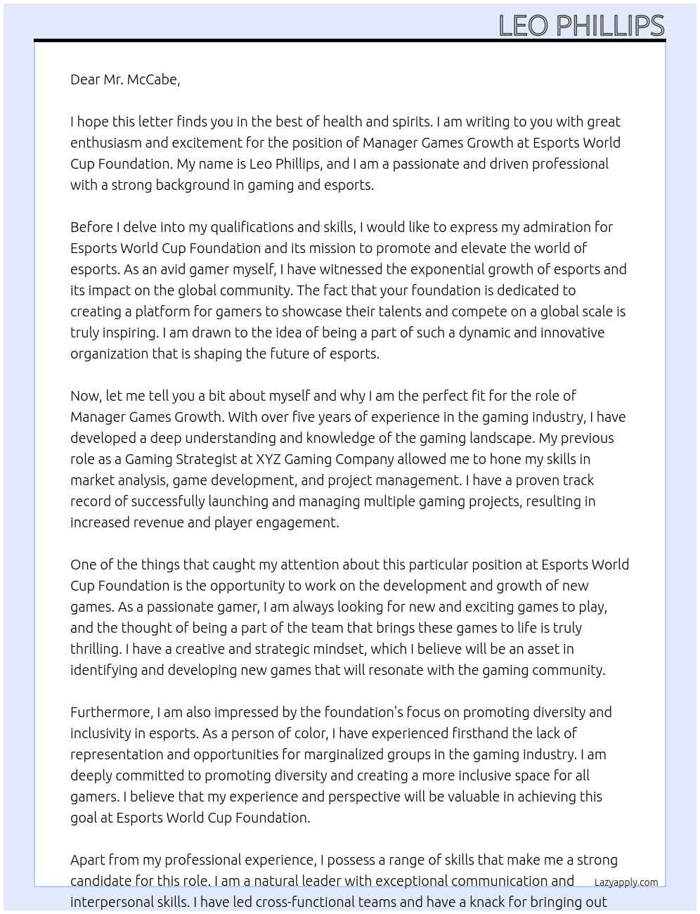 Manager Games Growth At Esports World Cup Foundation Cover Letter