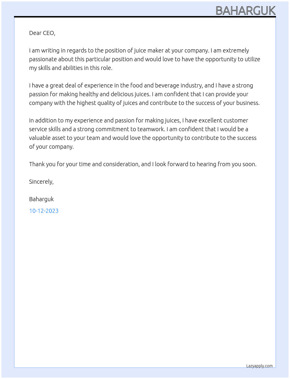 juice maker At juice maker Cover Letter