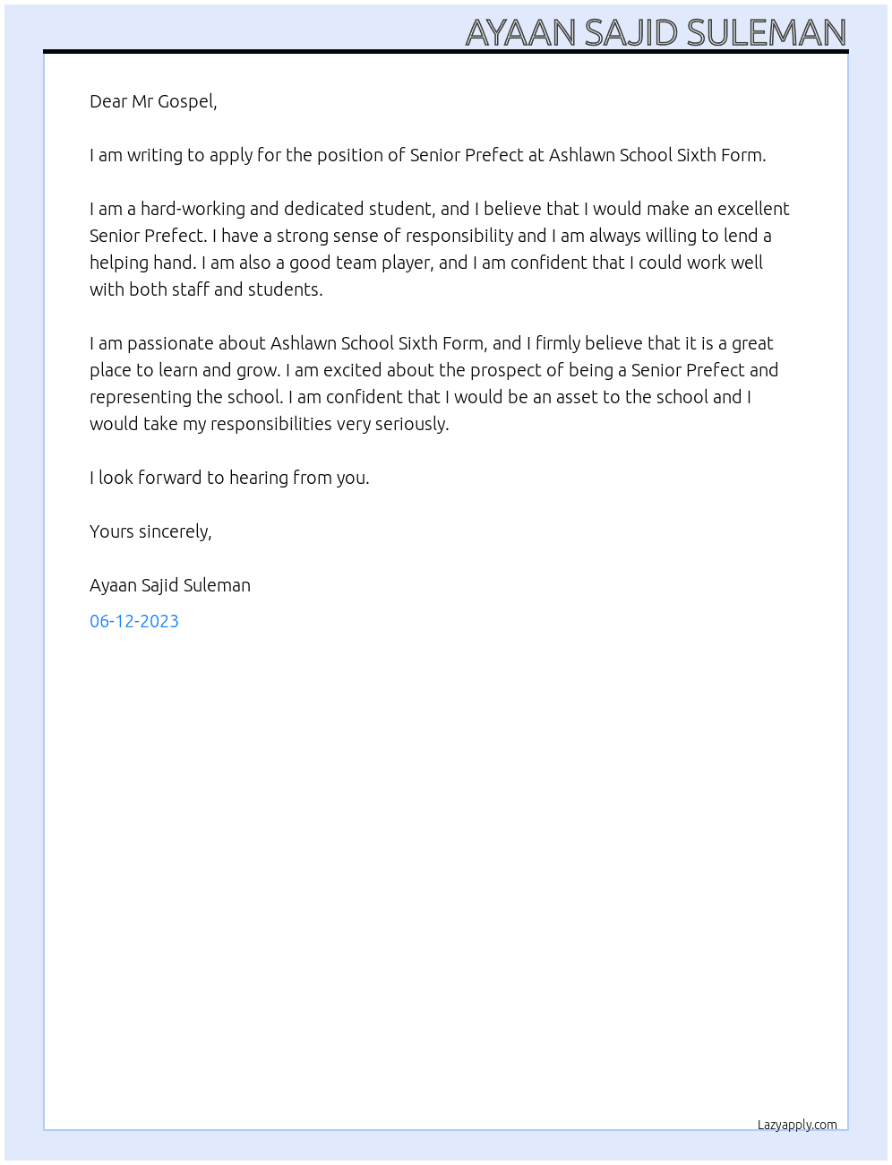 Senior Prefect At Ashlawn School Sixth Form Cover Letter