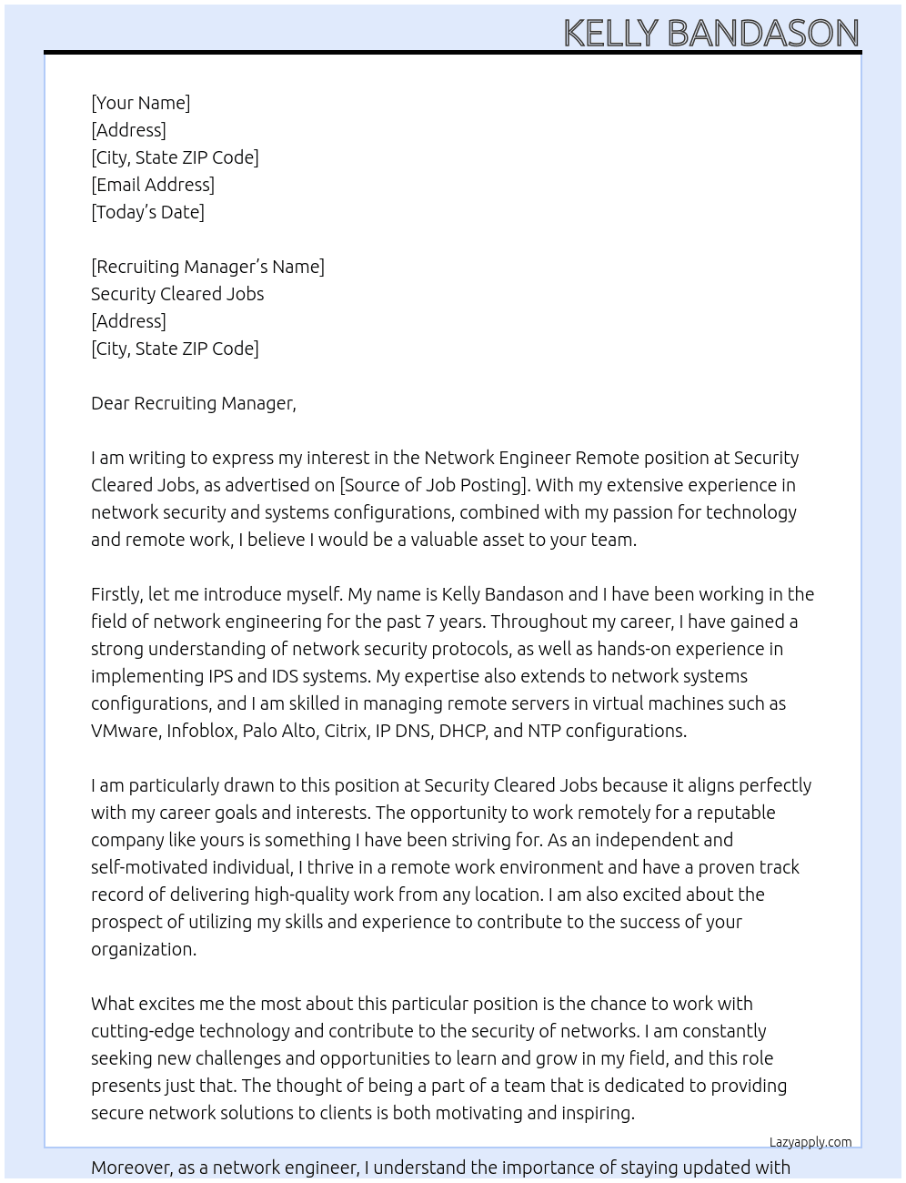 Network Engineer Remote At Security Cleared Jobs Cover Letter