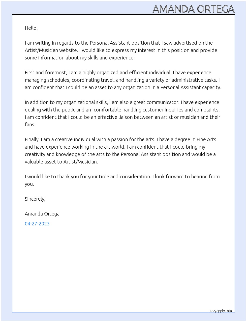 Personal Assistant At Artist/Musician Cover Letter
