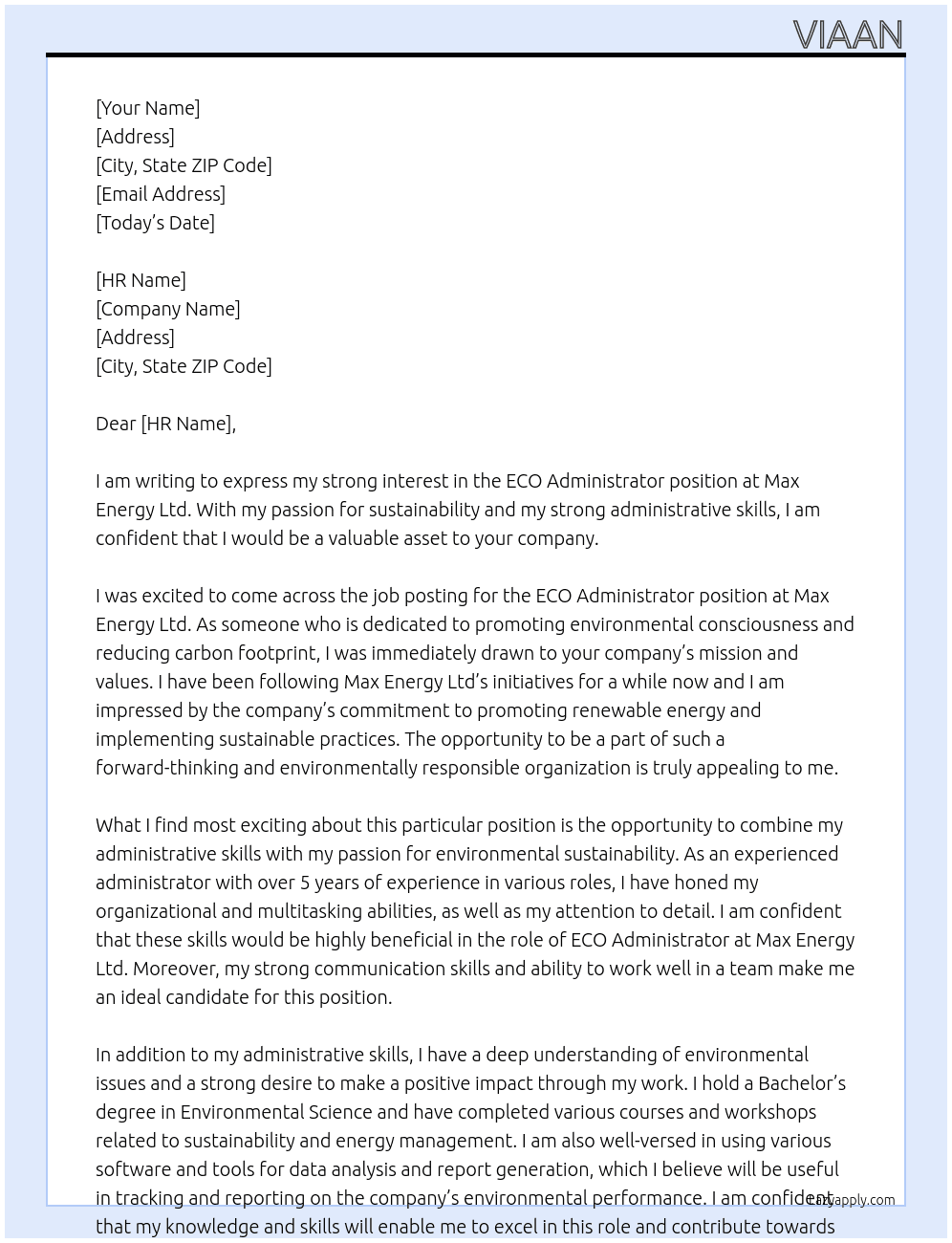ECO Administrator At Max Energy Ltd Cover Letter