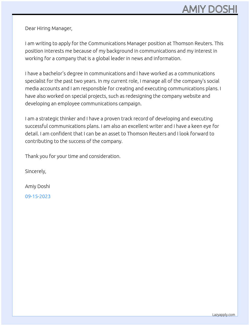 Communications Manager At Thomson Reuters Cover Letter