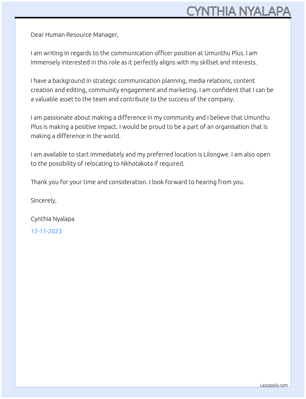 Communication officer At Umunthu Plus  Cover Letter