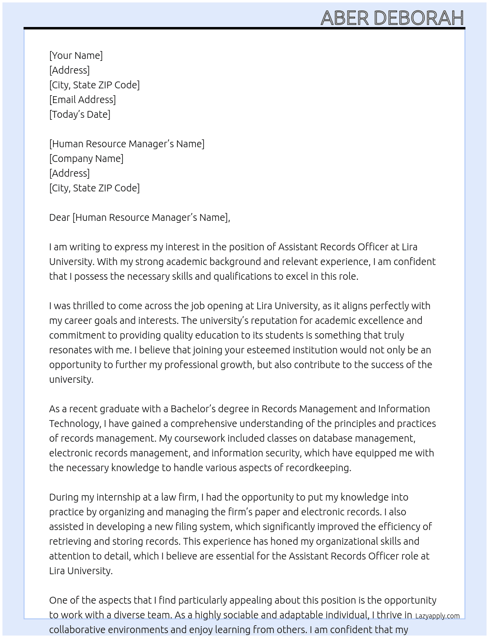 Assistant Records Officer  At Lira University  Cover Letter