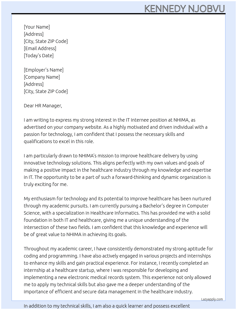 IT INTERNEE At NHIMA Cover Letter