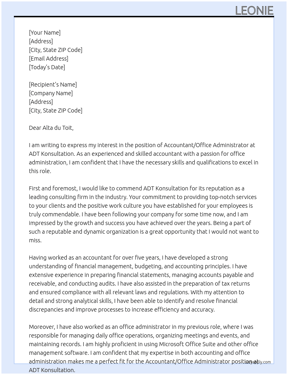 ACCOUNTANT/OFFICE ADMINISTRATOR At ADT KONSULTATION  Cover Letter