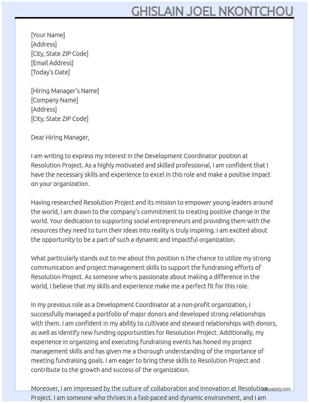 Development Coordinator At Resolution Project Cover Letter