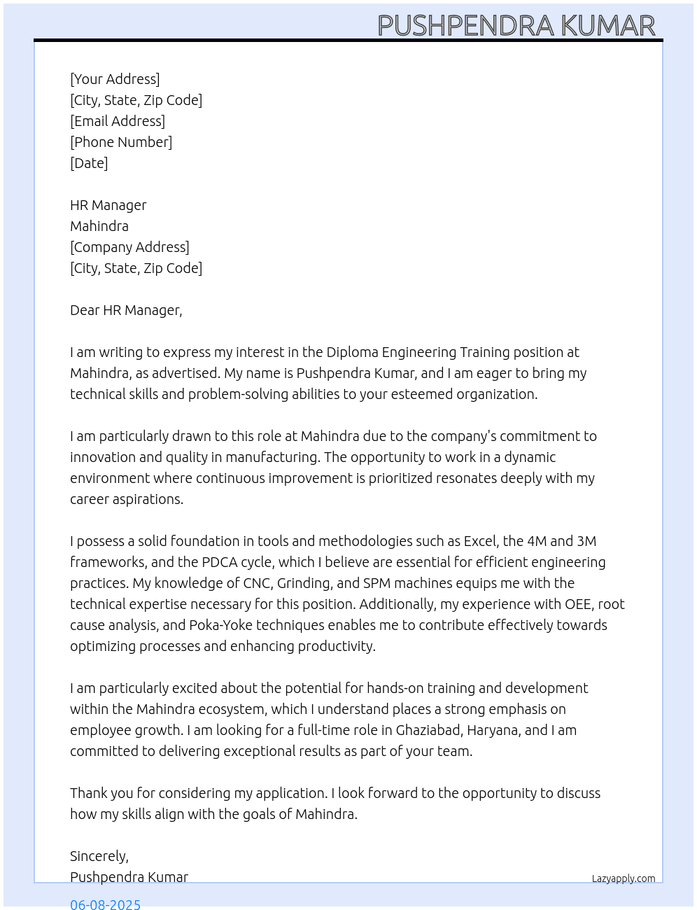 Diploma Engineering Training  At Mahindra  Cover Letter