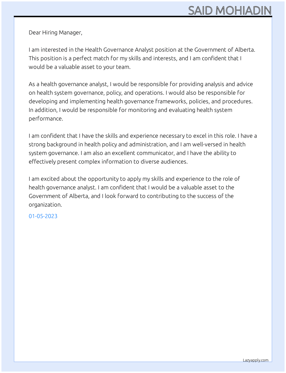 Cover letter for health governance analyst - LazyApply