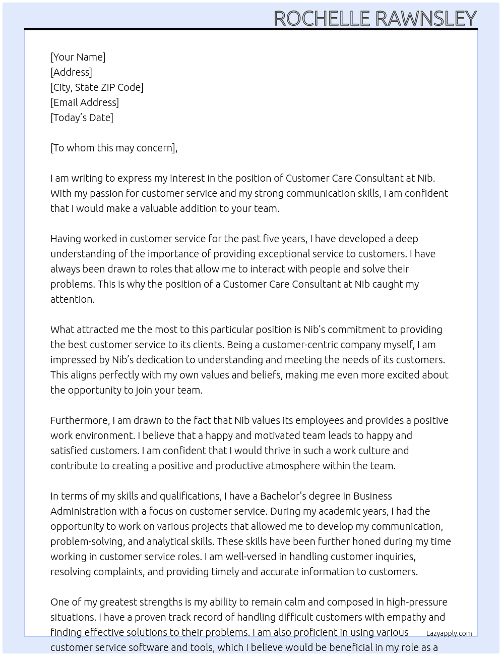 Costumer care consultant  At Nib  Cover Letter