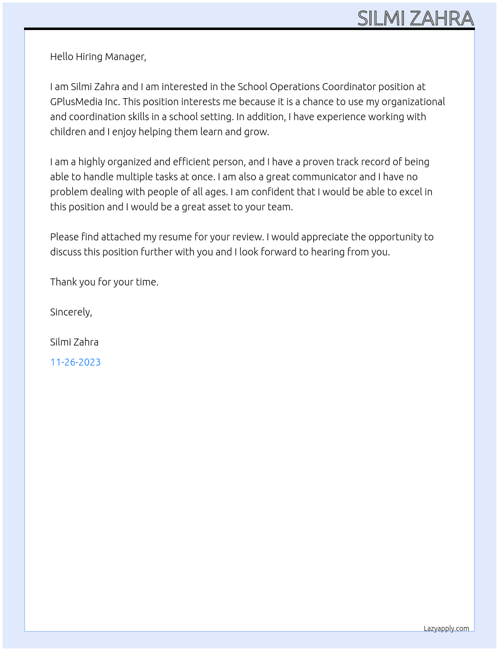 School Operations Coordinator At GPlusMedia Inc. Cover Letter