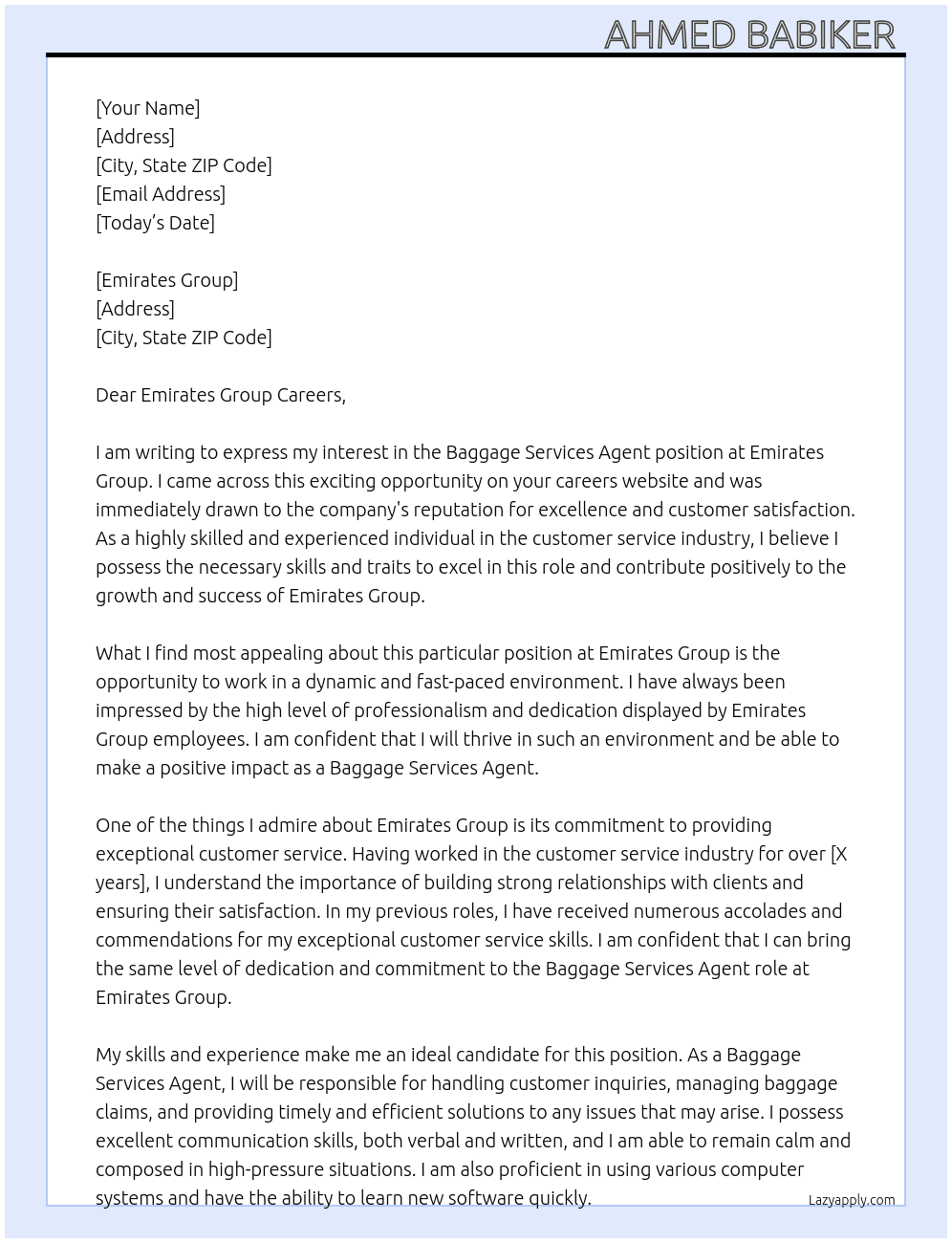 Baggage Services Agent At emirates group Cover Letter