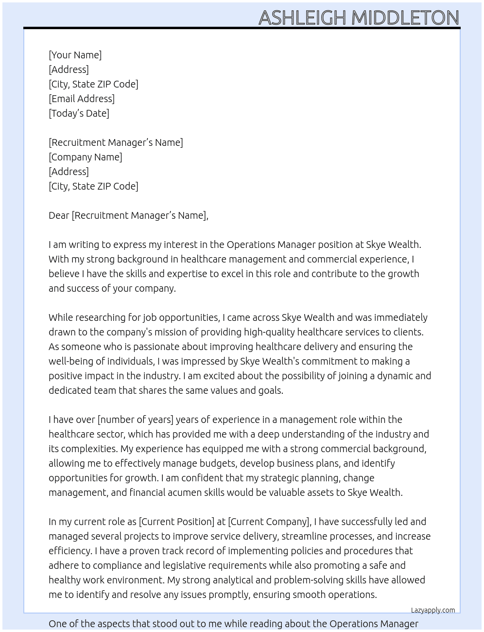 Operations Manager At Skye Wealth Cover Letter