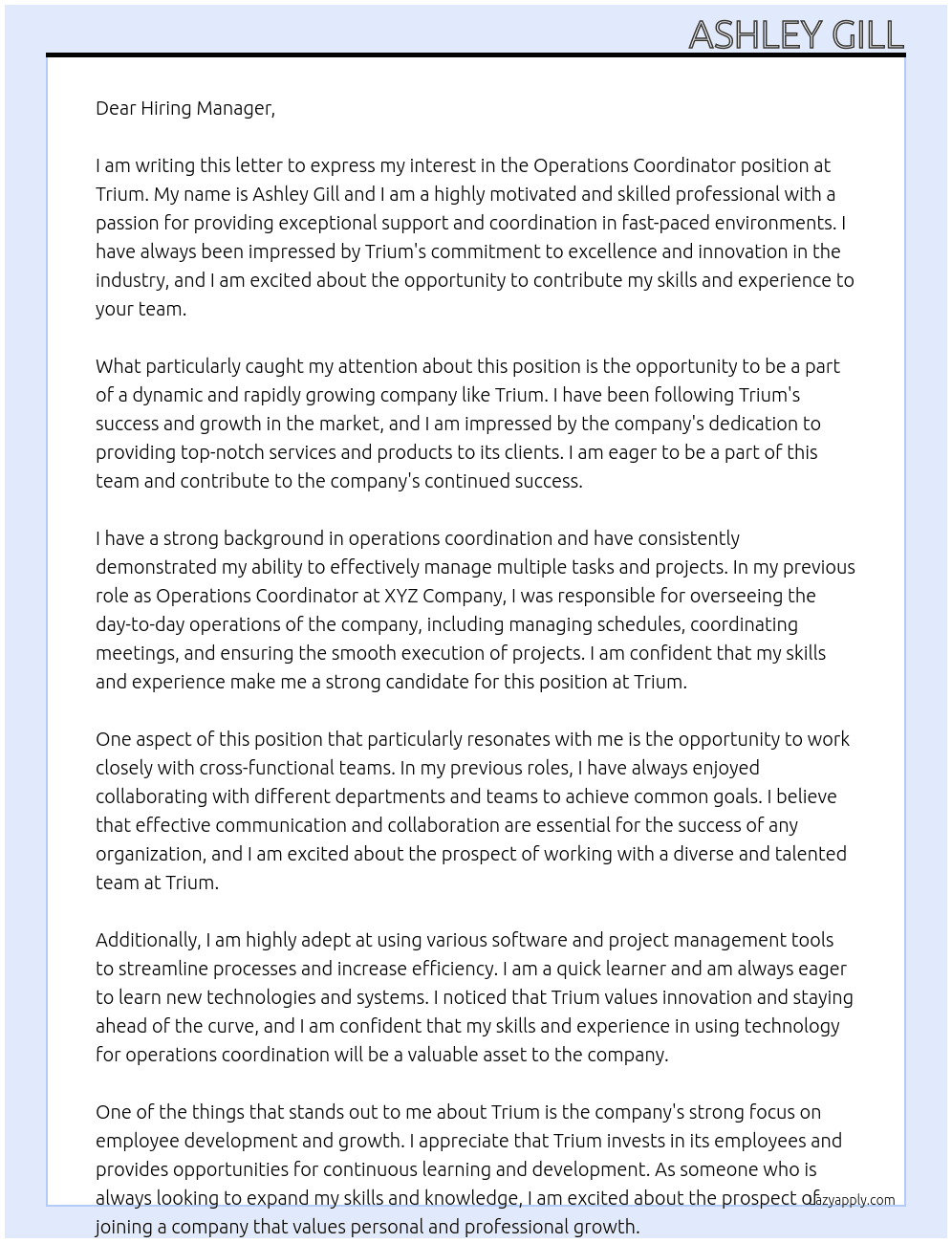 Operations Coordinator At Trium Cover Letter
