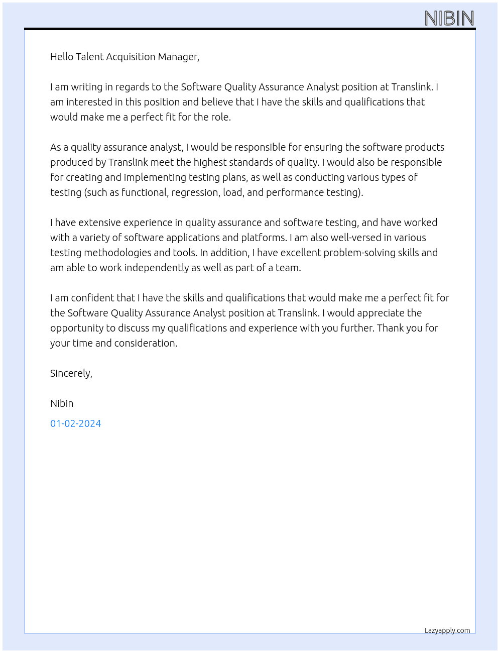 Software Quality Assurance Analyst  At Translink Cover Letter