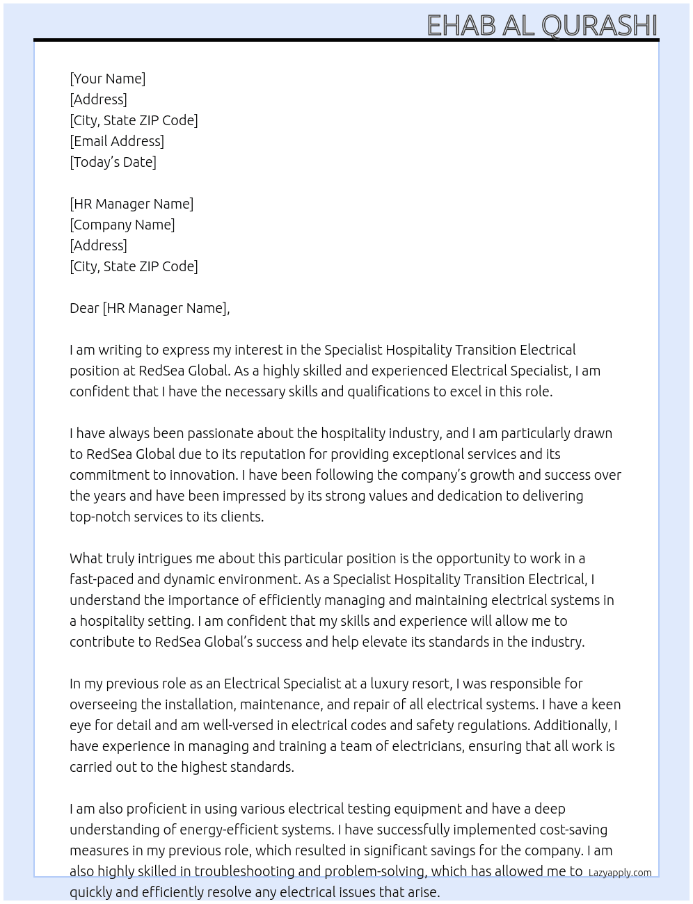 Specialist hospitality transition electrical   At RedSea global Cover Letter