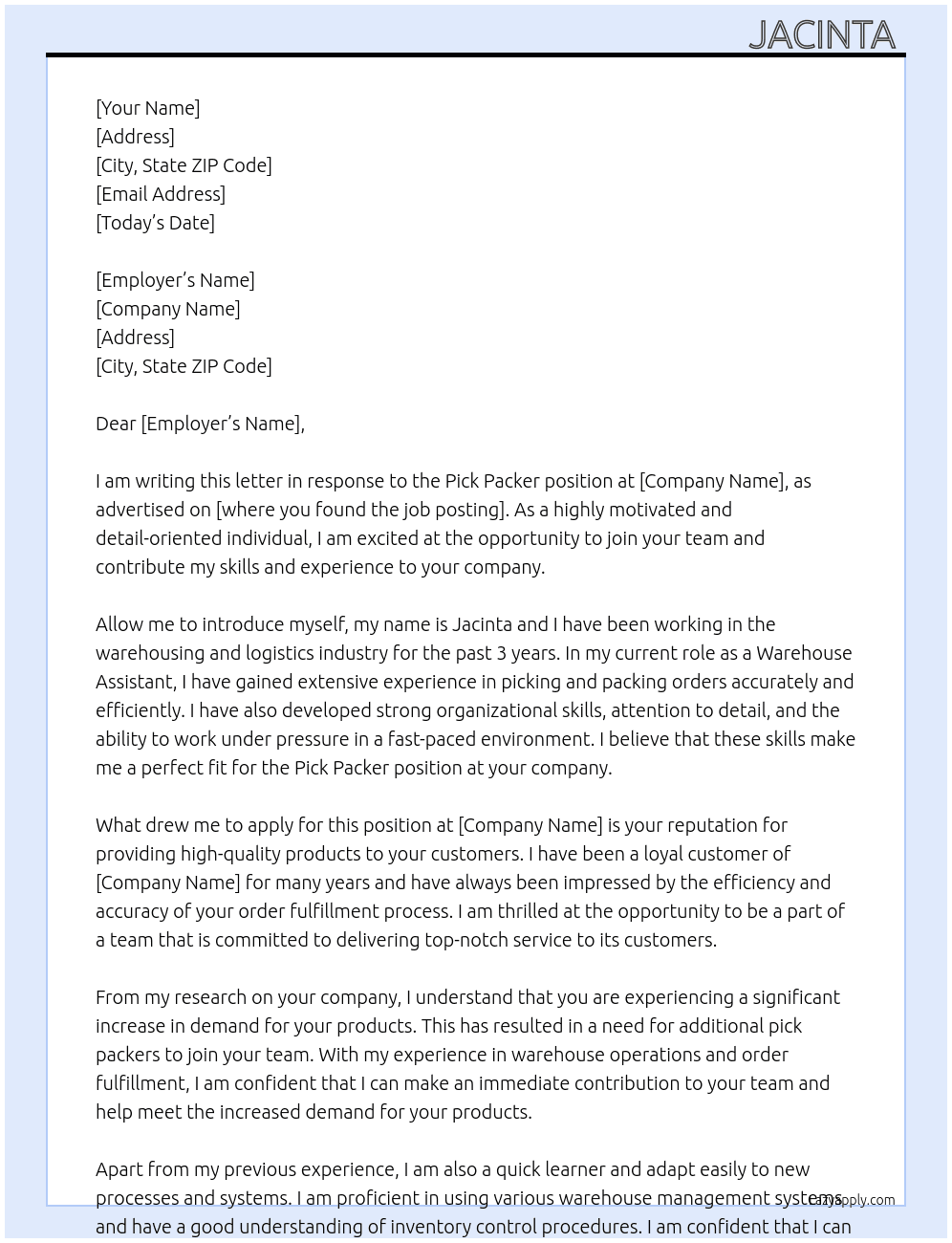 pick packer At pick packer Cover Letter