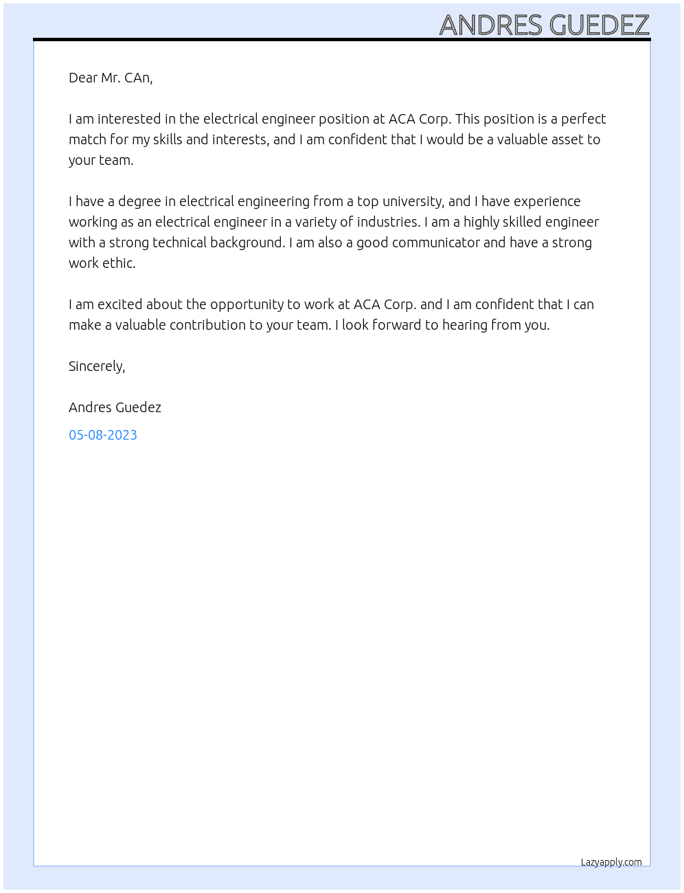 Elctrical Engineer At ACA Corp Cover Letter