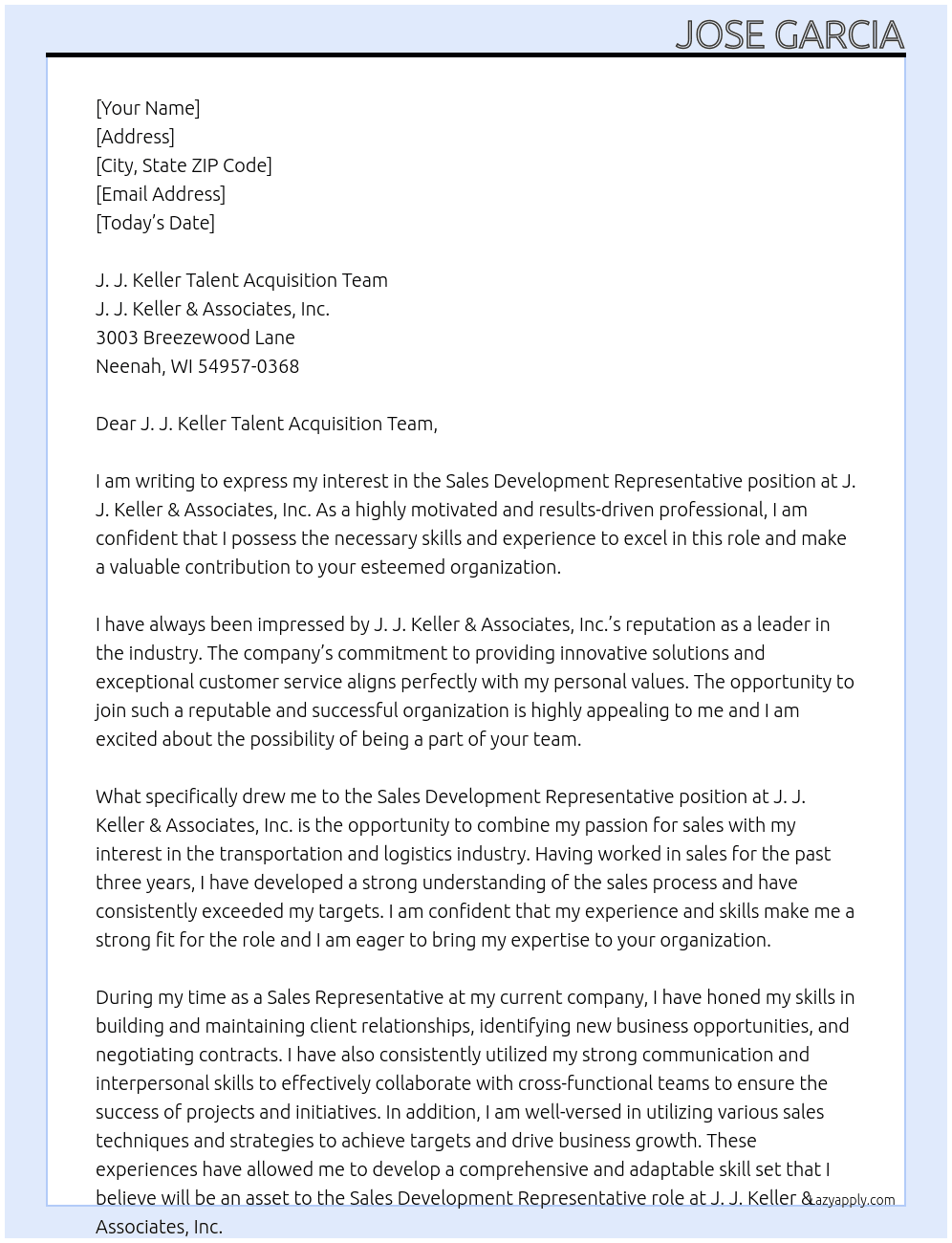 Sales Development Representative At J. J. Keller & Associates, Inc Cover Letter