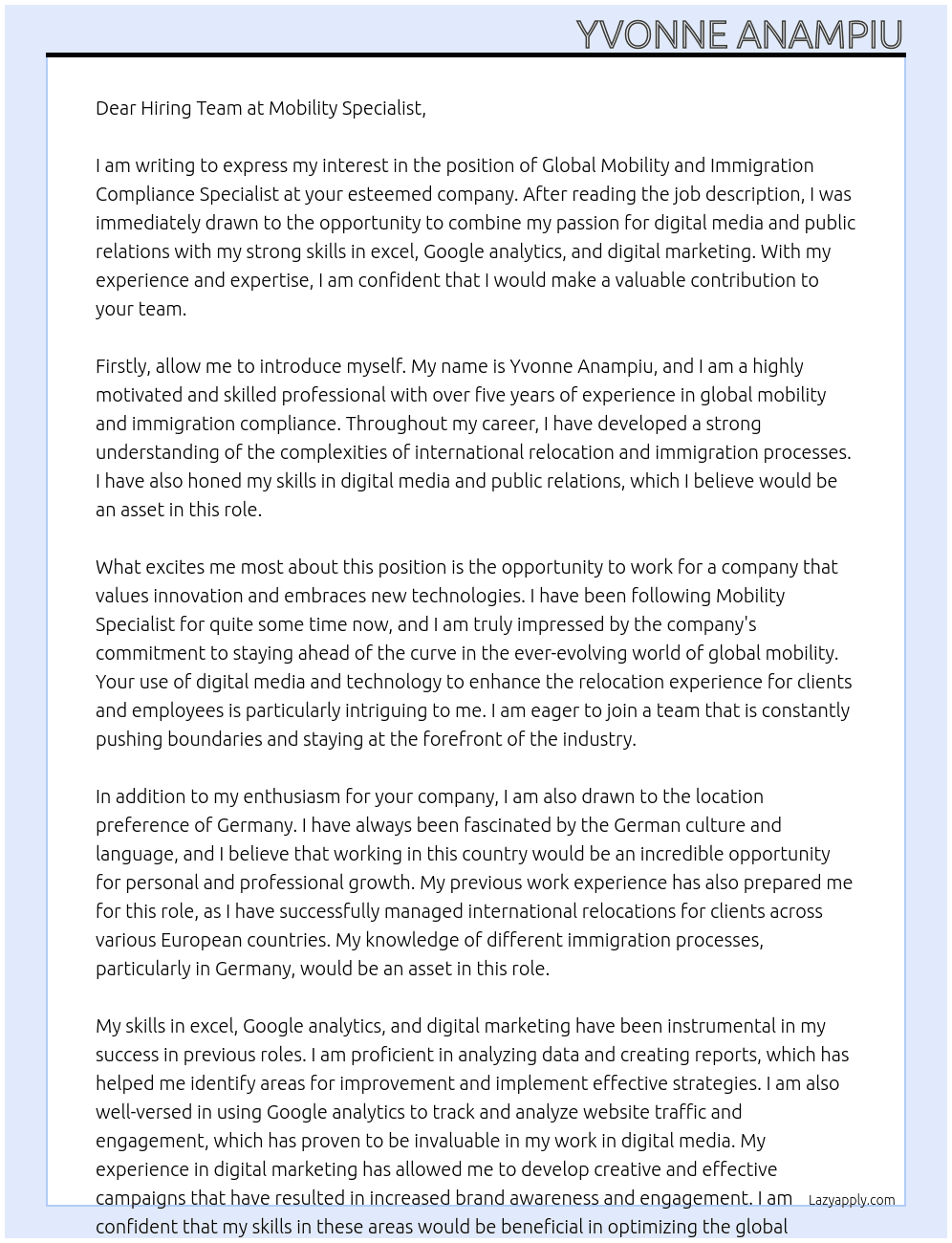 global mobility, immigration compliance, digital media, public relations At Mobility Specialist Cover Letter