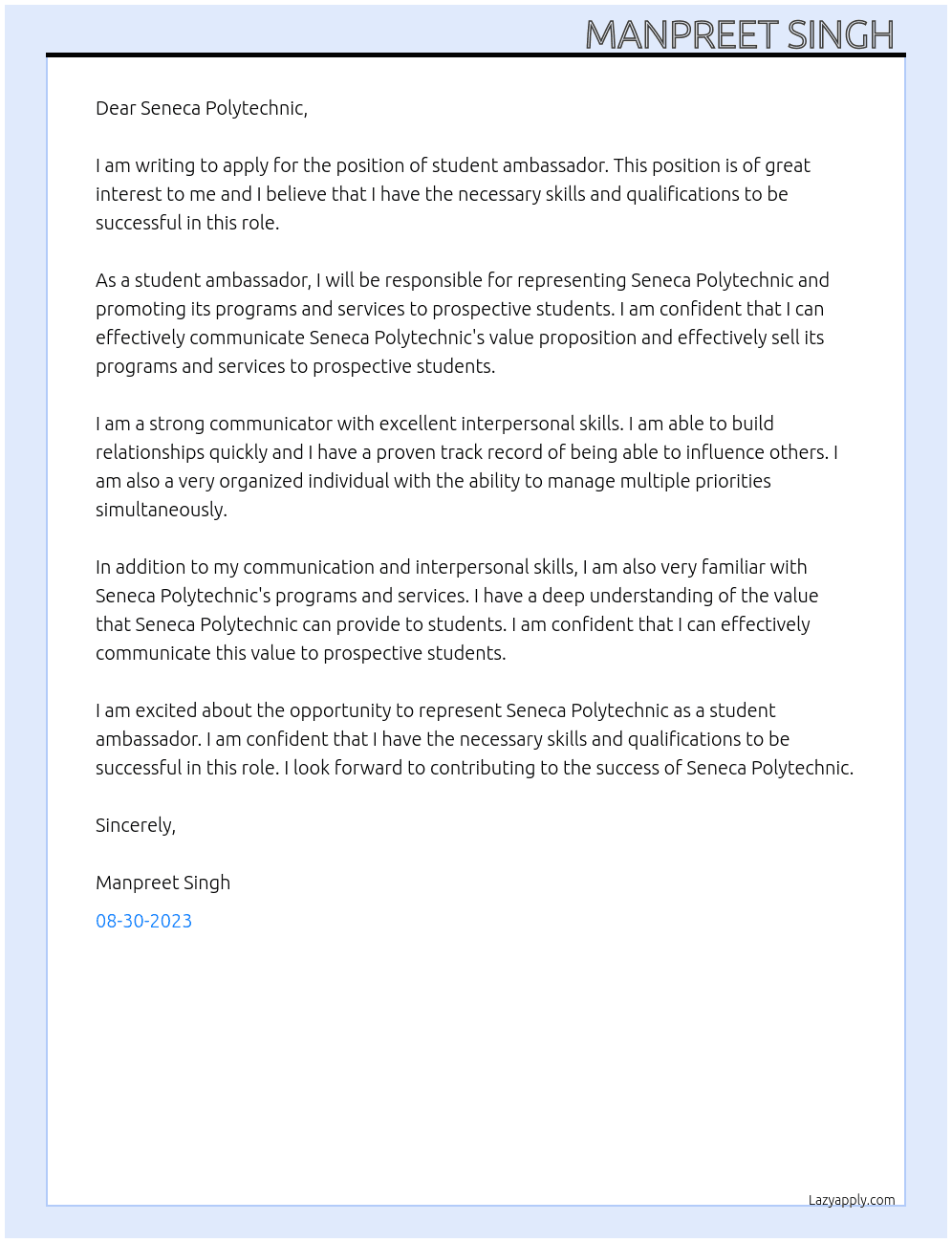 Student ambassador At Seneca Polytechnic Cover Letter