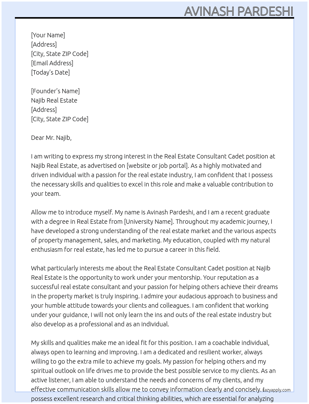 Real estate consultant cadet At Najib Real Estate Cover Letter