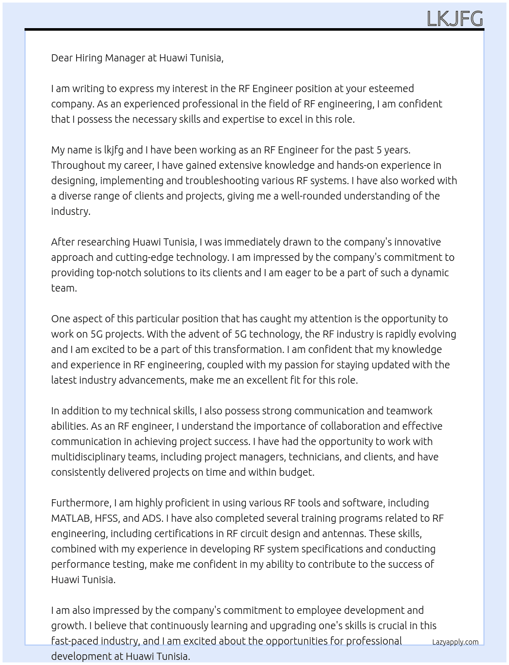 RF engineer  At Huawi Tunisia Cover Letter
