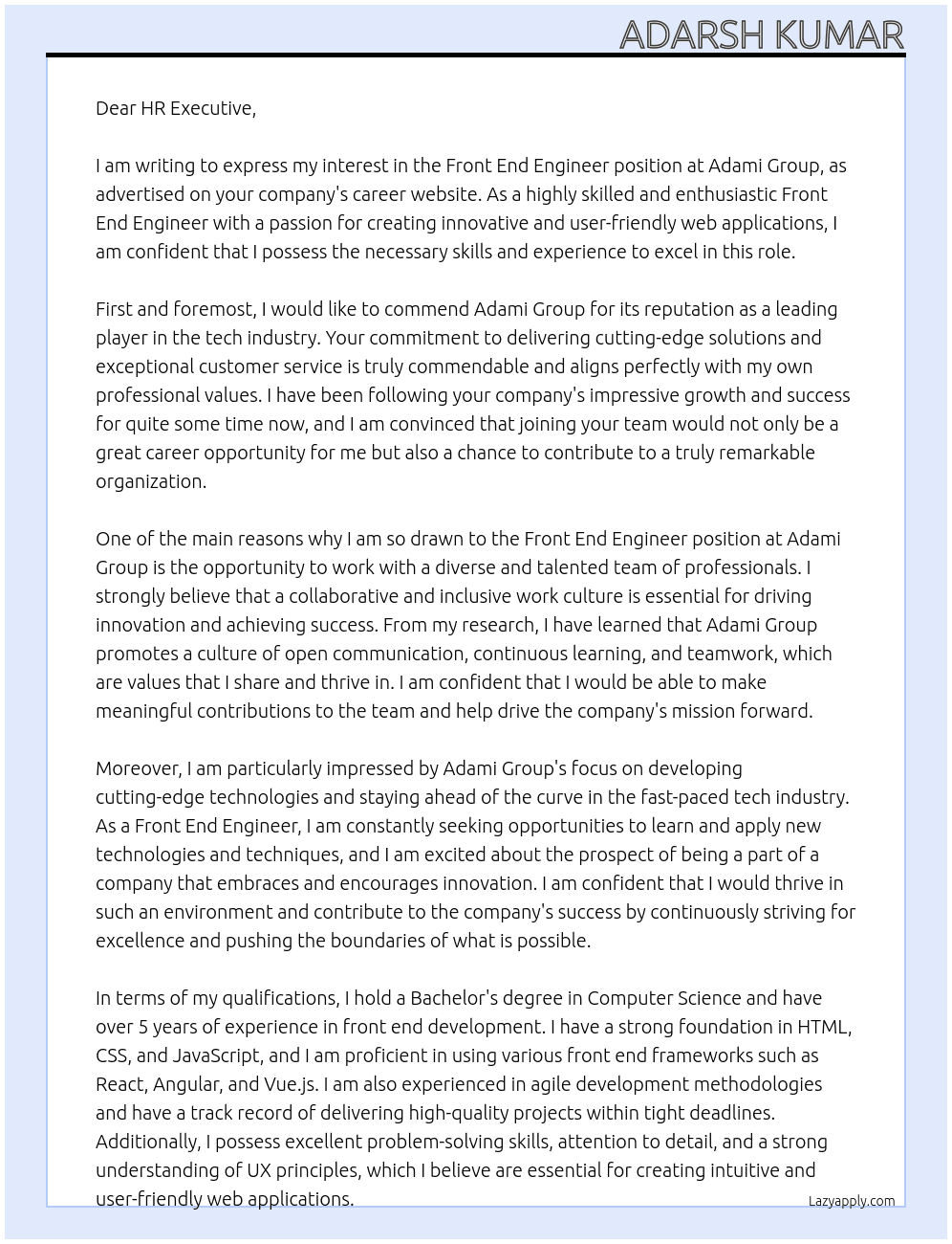 Front End Engineer At Adami Group Cover Letter