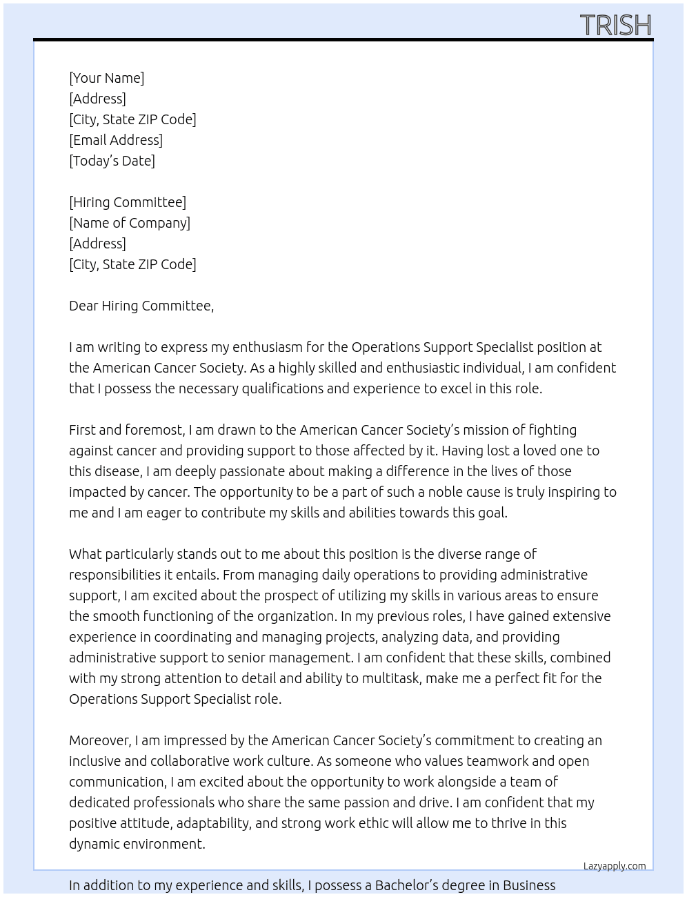 Operations Support Specialist At American Cancer Society Cover Letter