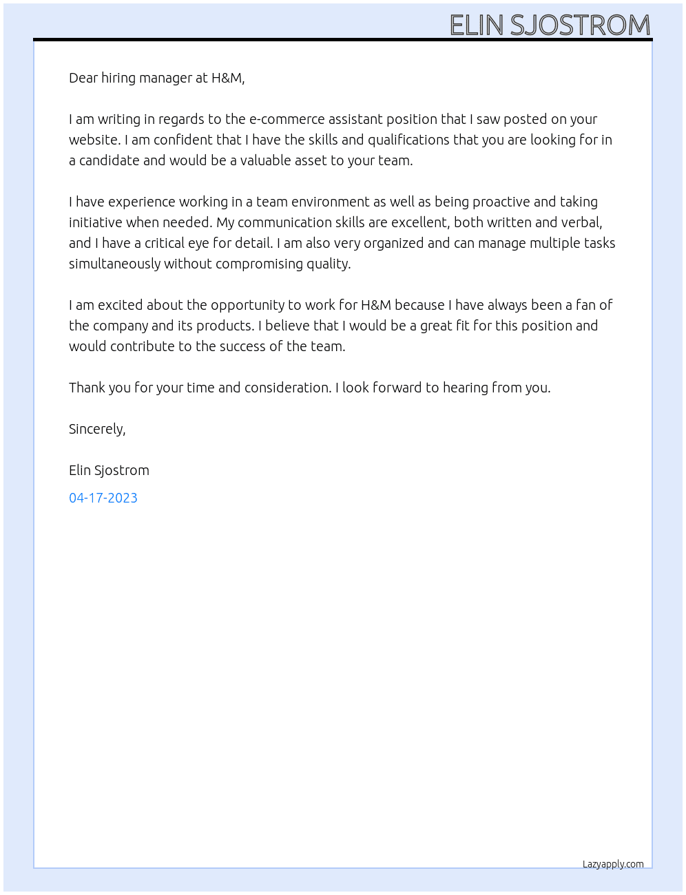 E-commerce assistant At H&M Cover Letter