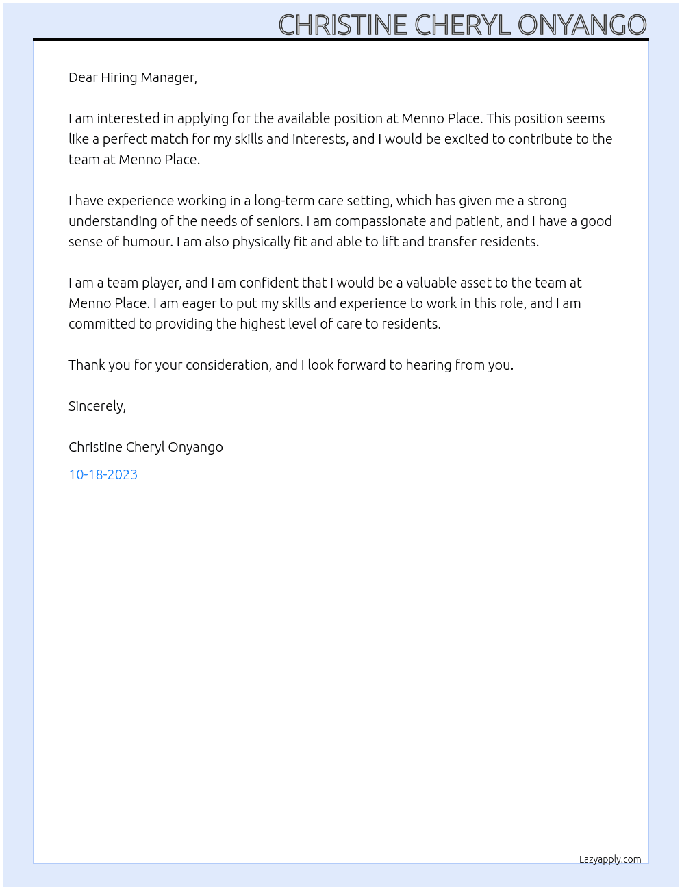 Available Position At Menno Place Cover Letter