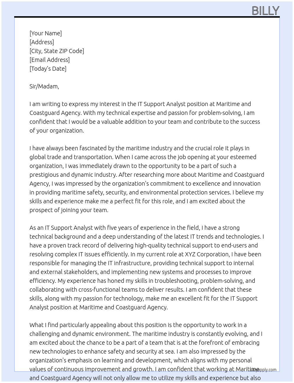 IT Support Analyst At Maritime and Coastguard Agency Cover Letter