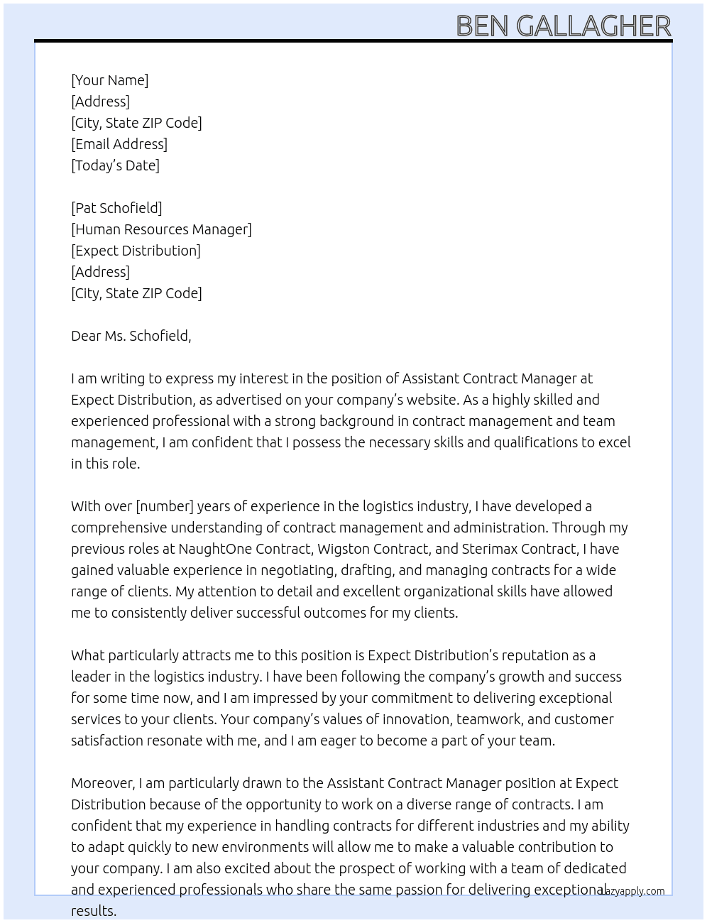 Assistant Contract Manager At Expect Distribution Cover Letter