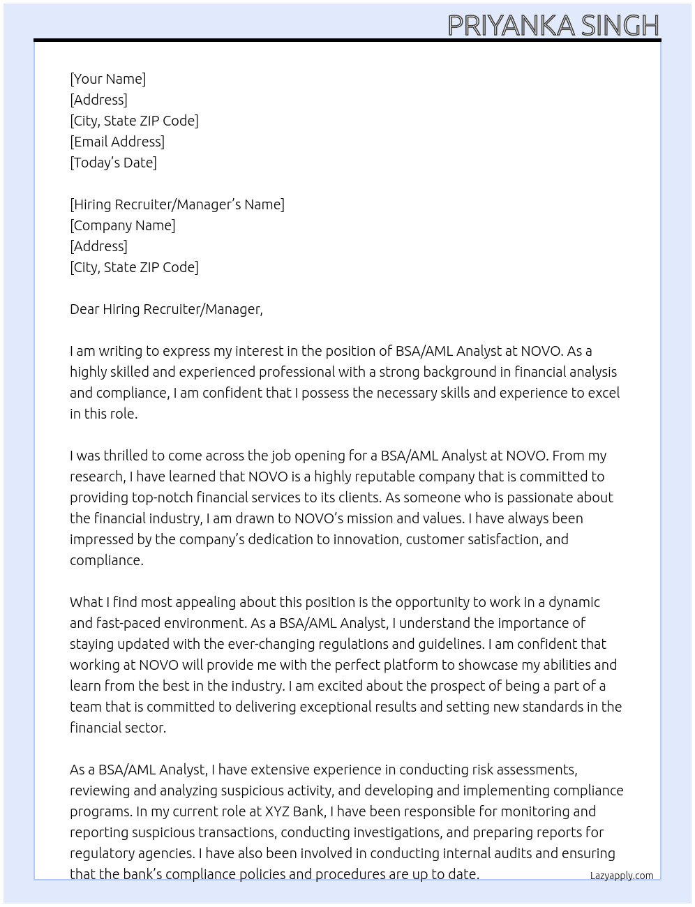 BSA /AML Analyst At NOVO Cover Letter