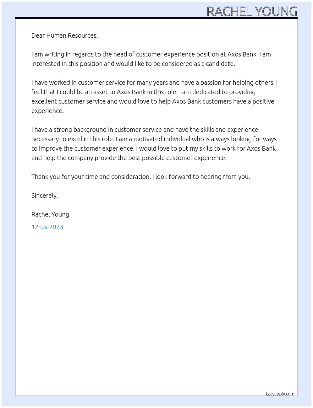 Head of Customer Experience At Axos Bank Cover Letter