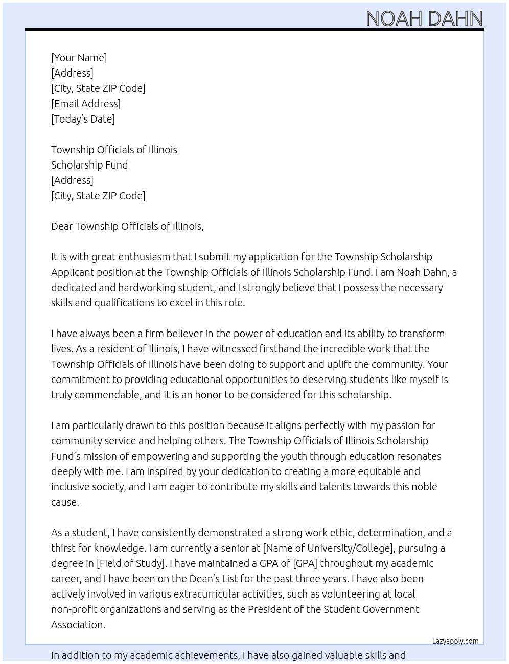 Township Scholarship Applicant At Township Officials of Illinois Scholarship Fund Cover Letter