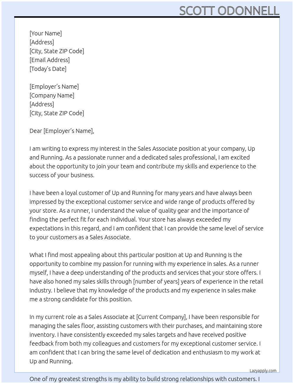 Sales associate at Running store  At Up and running  Cover Letter