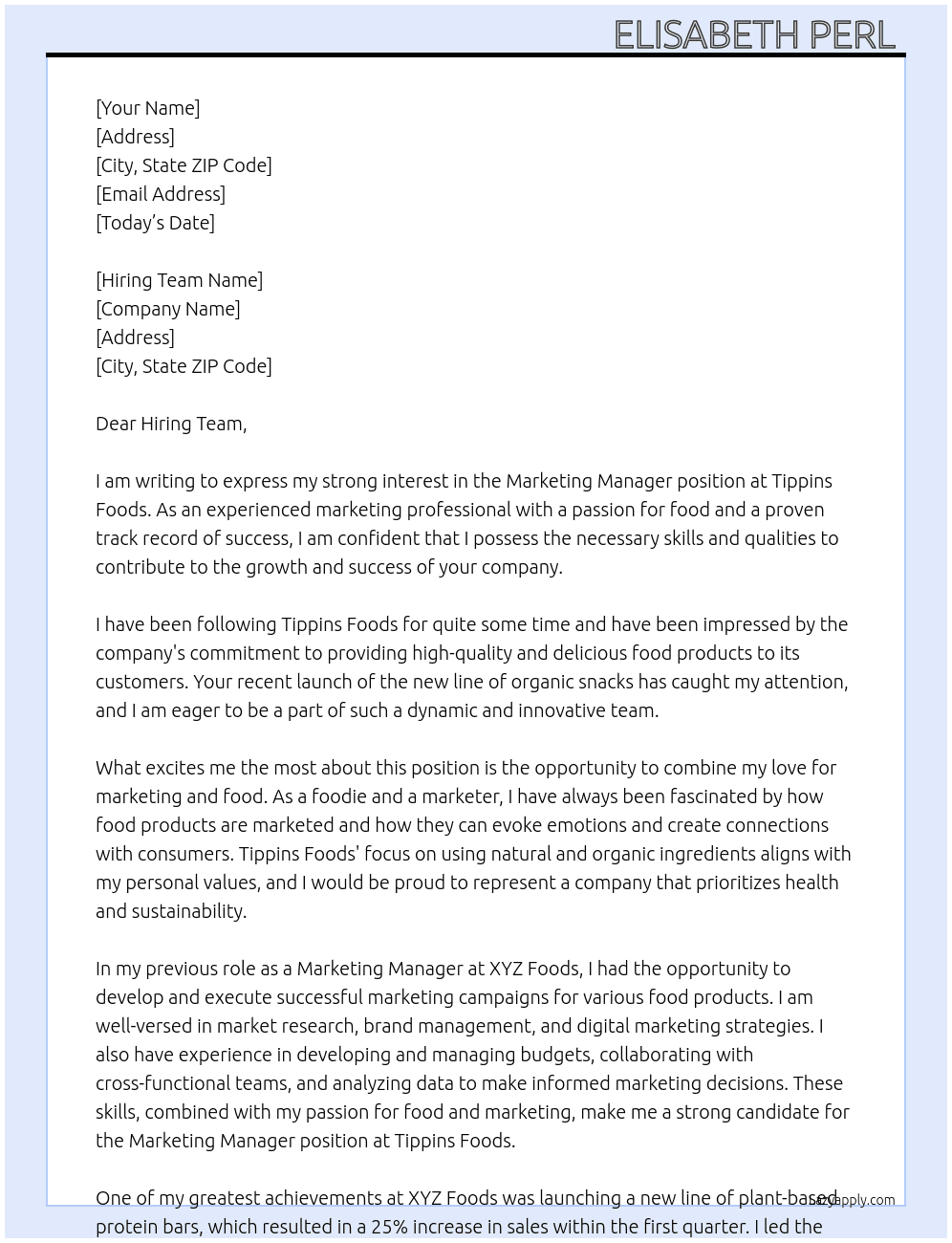Marketing Manager  At Tippins Foods Cover Letter